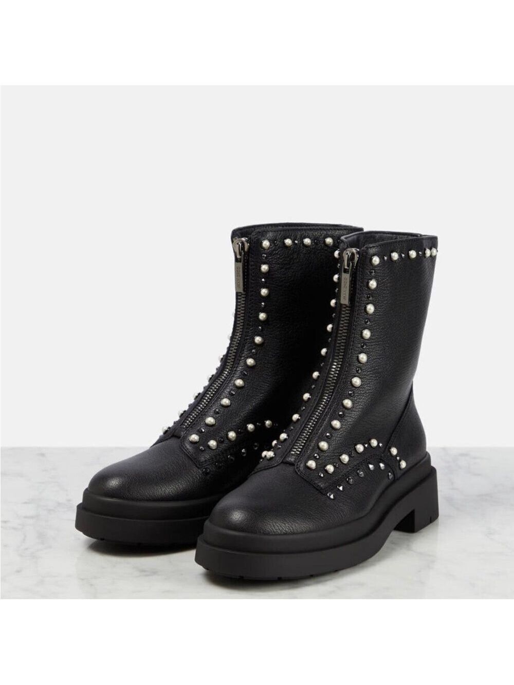 Jimmy Choo Nola Black Embellished Leather Ankle Boots with Pearl Studs - NWT